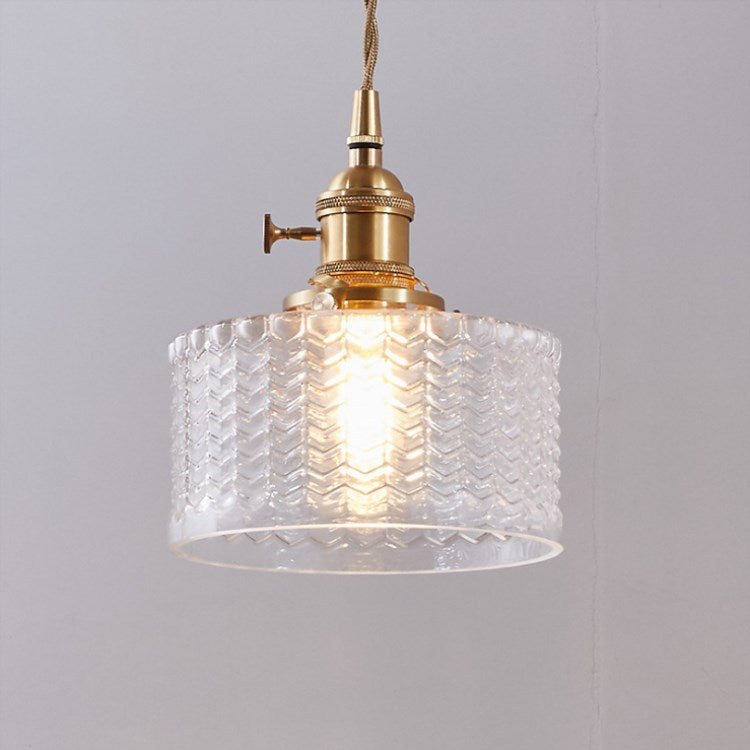 Ronde hanglamp van geribbeld glas en messing in Japanse stijl