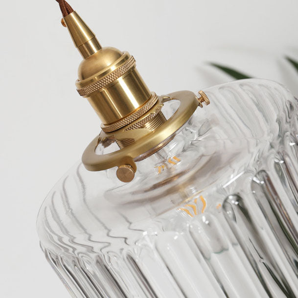 Ronde hanglamp van geribbeld glas en messing in Japanse stijl