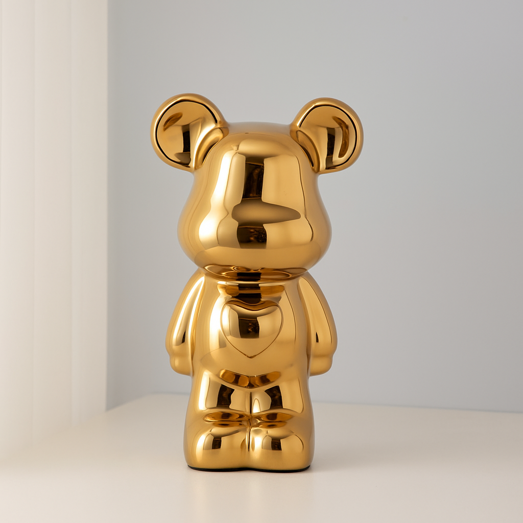 Bear figurine with mirrored metallic surface