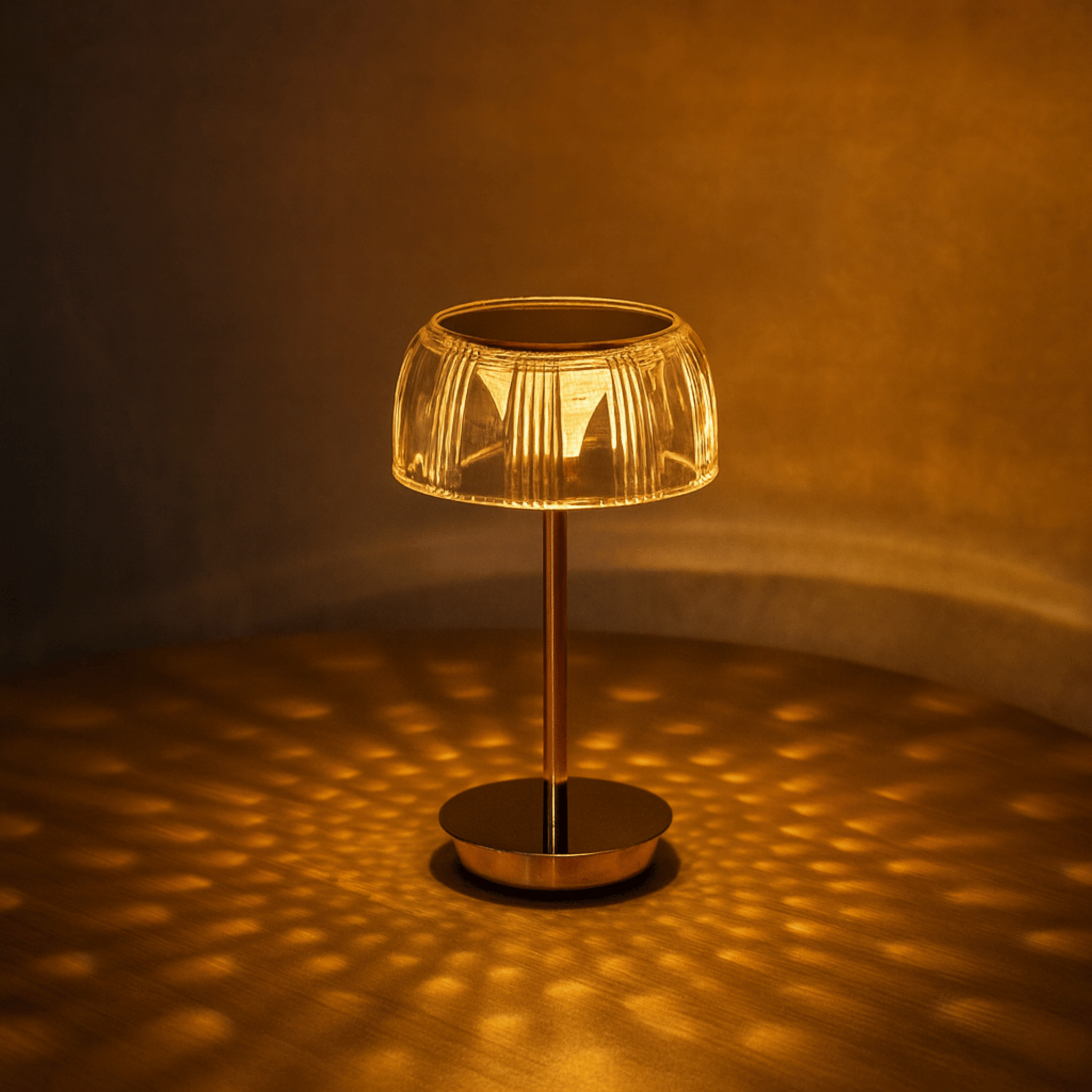 Lampa stołowa z ryflowanym kloszem kopułowym i smukłym trzonem