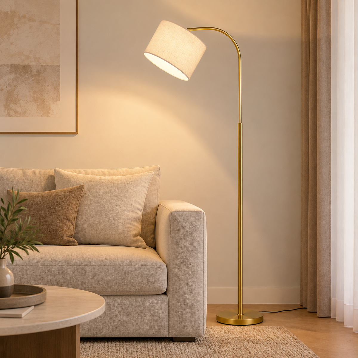 Mosiężna Lampa Podłogowa z Naturalnym Abażurem z Tkaniny