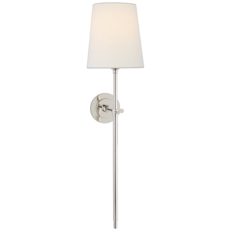 Lampa ścienna z tkaninowym kloszem i metalowym ramieniem
