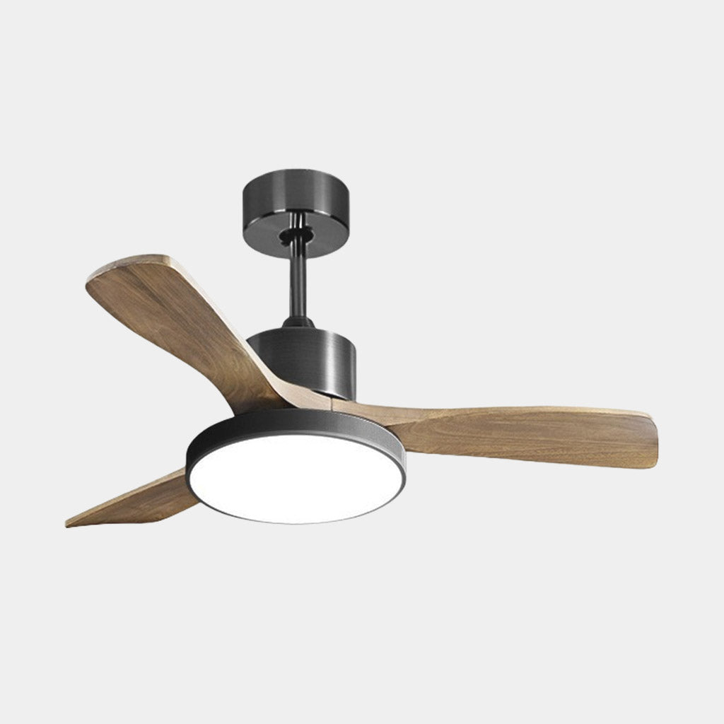 Ceiling fan with LED lighting and three wooden blades