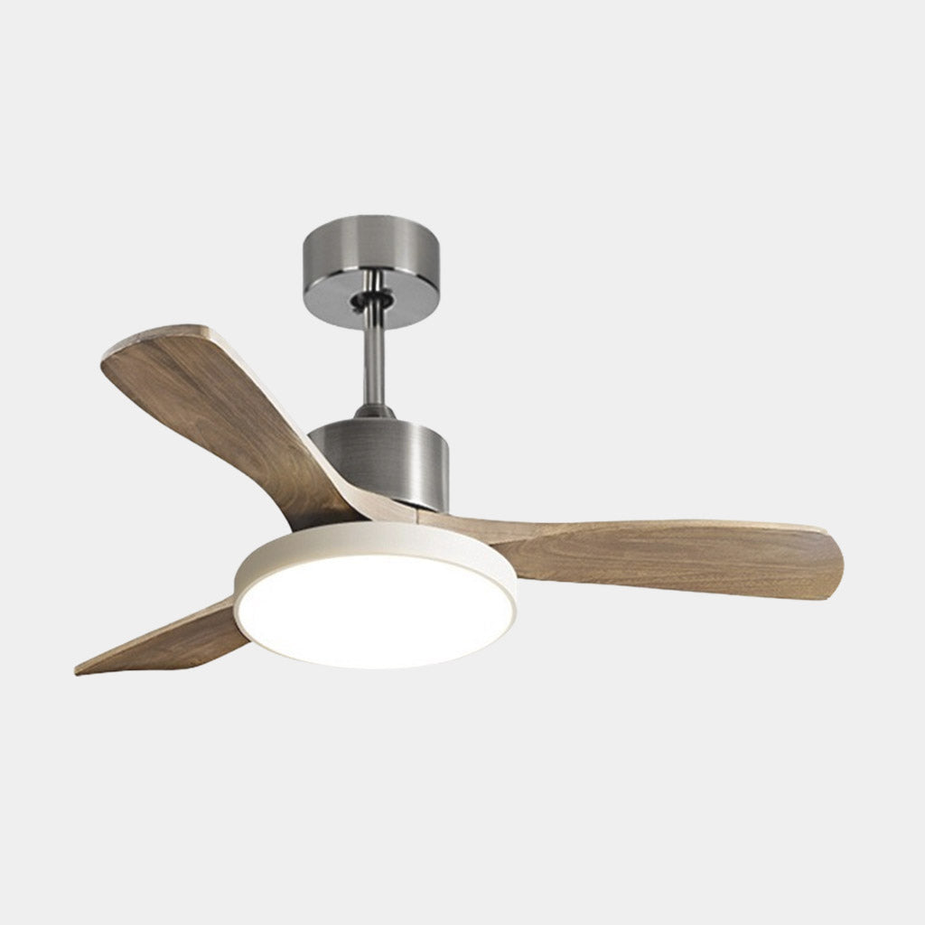 Ceiling fan with LED lighting and three wooden blades