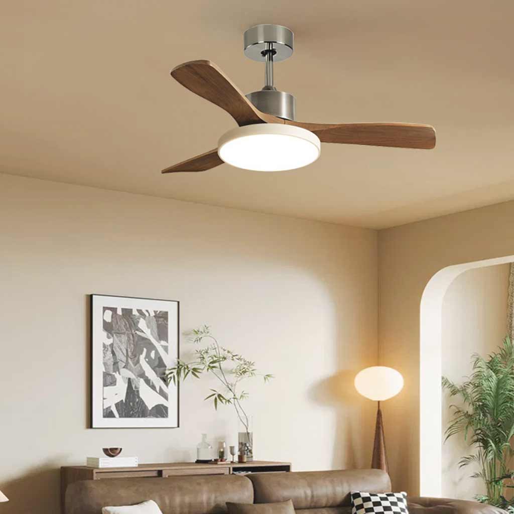 Ceiling fan with LED lighting and three wooden blades