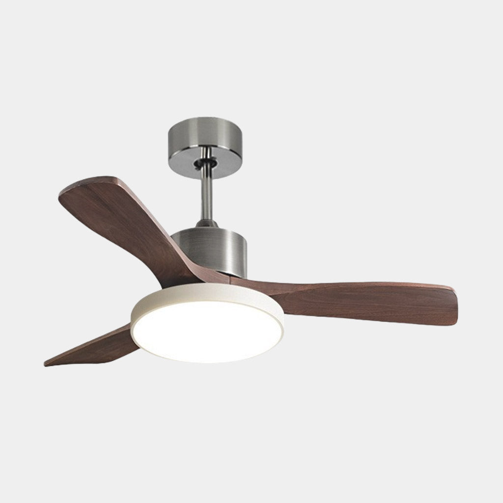 Ceiling fan with LED lighting and three wooden blades