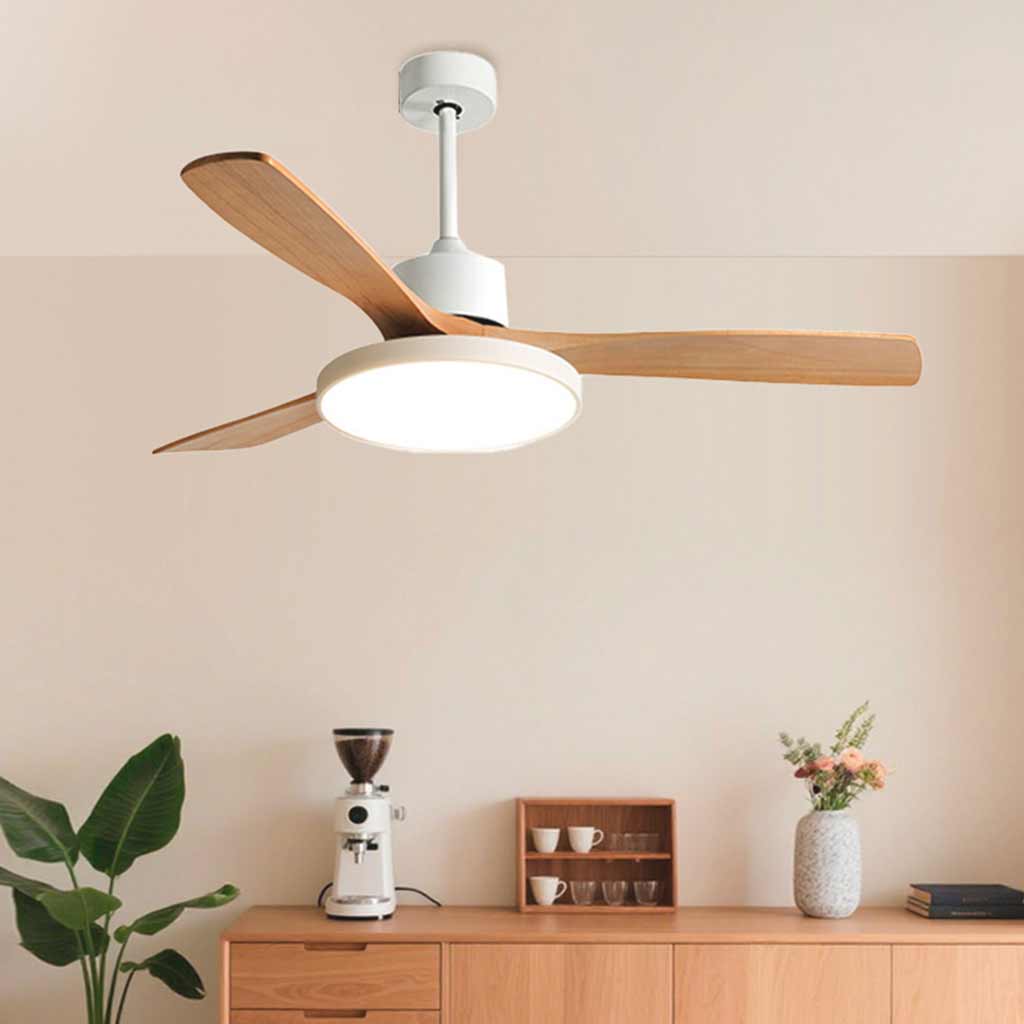 Ceiling fan with LED lighting and three wooden blades