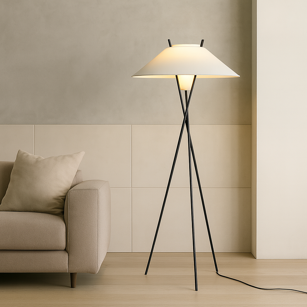 Minimalistyczna lampa podłogowa na trójnogu z materiału