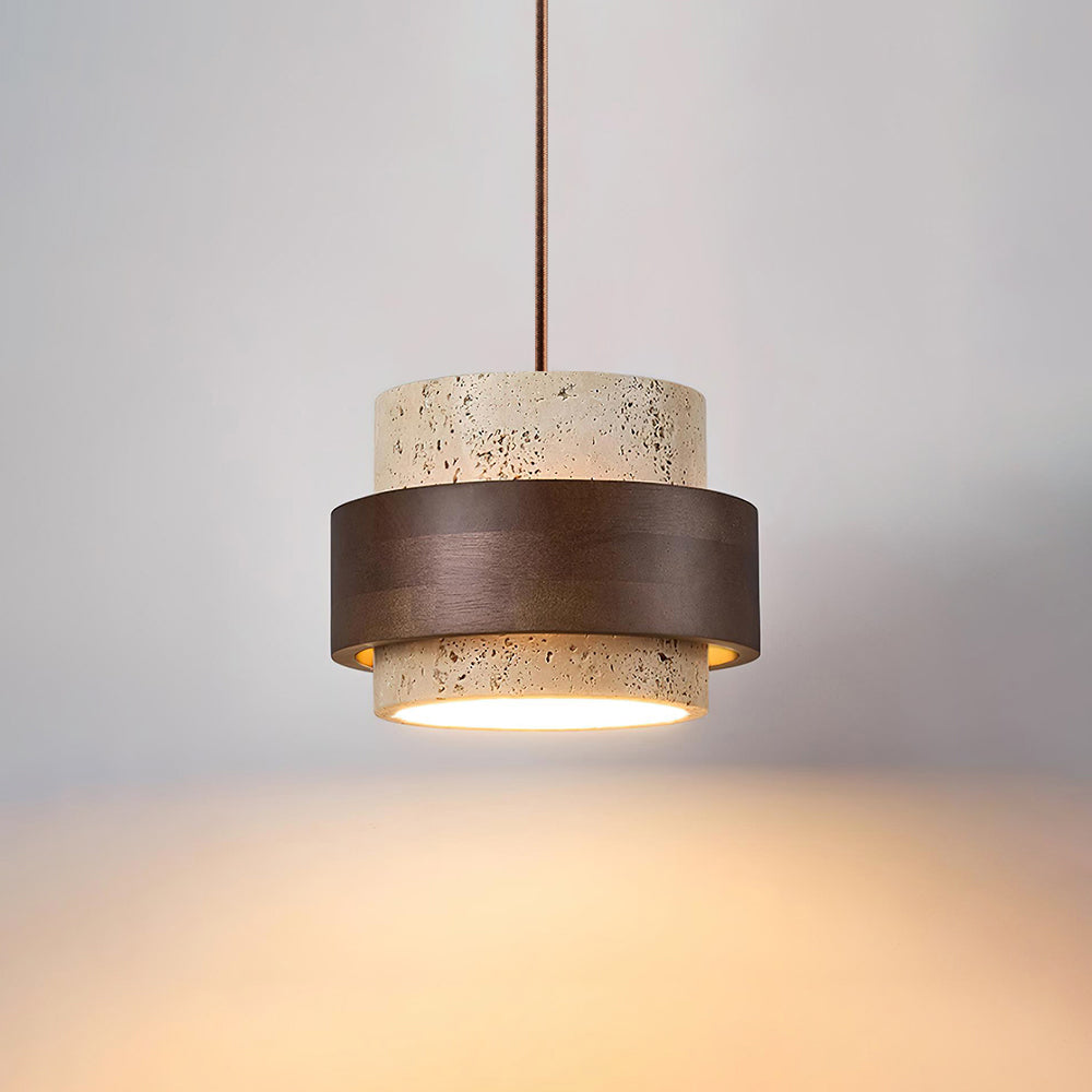 Lampa wisząca z trawertynu i drewna