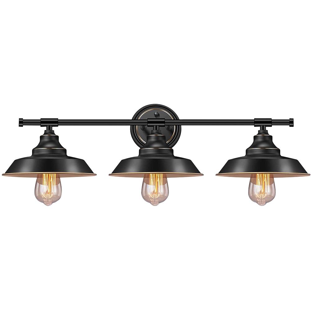 Black country-style wall sconce with three lights and glass shades