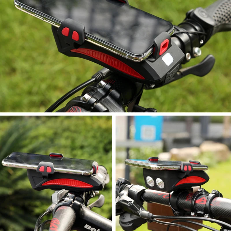 Bike phone holder with light, horn, and power bank