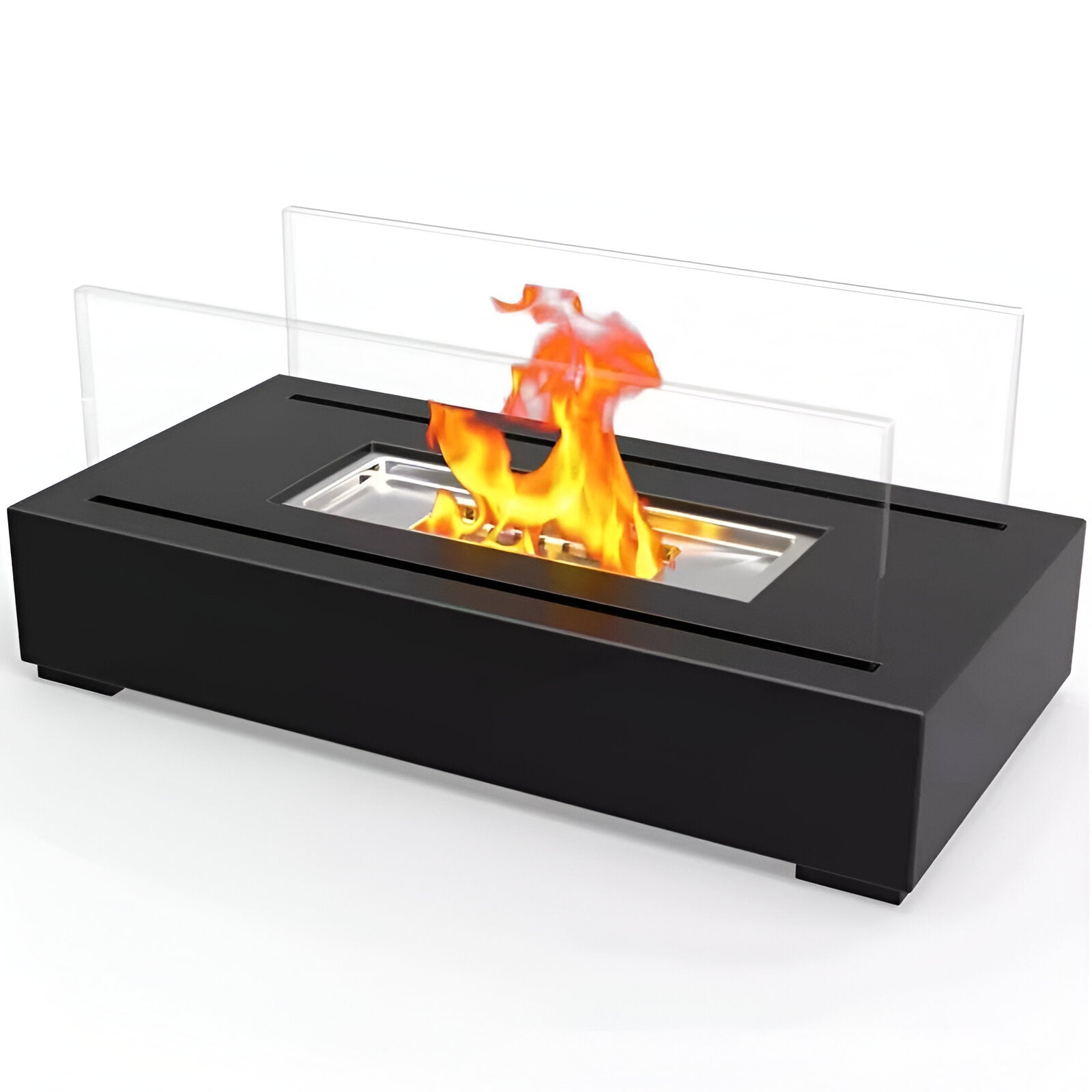 Rectangular tabletop bio fireplace with glass panels