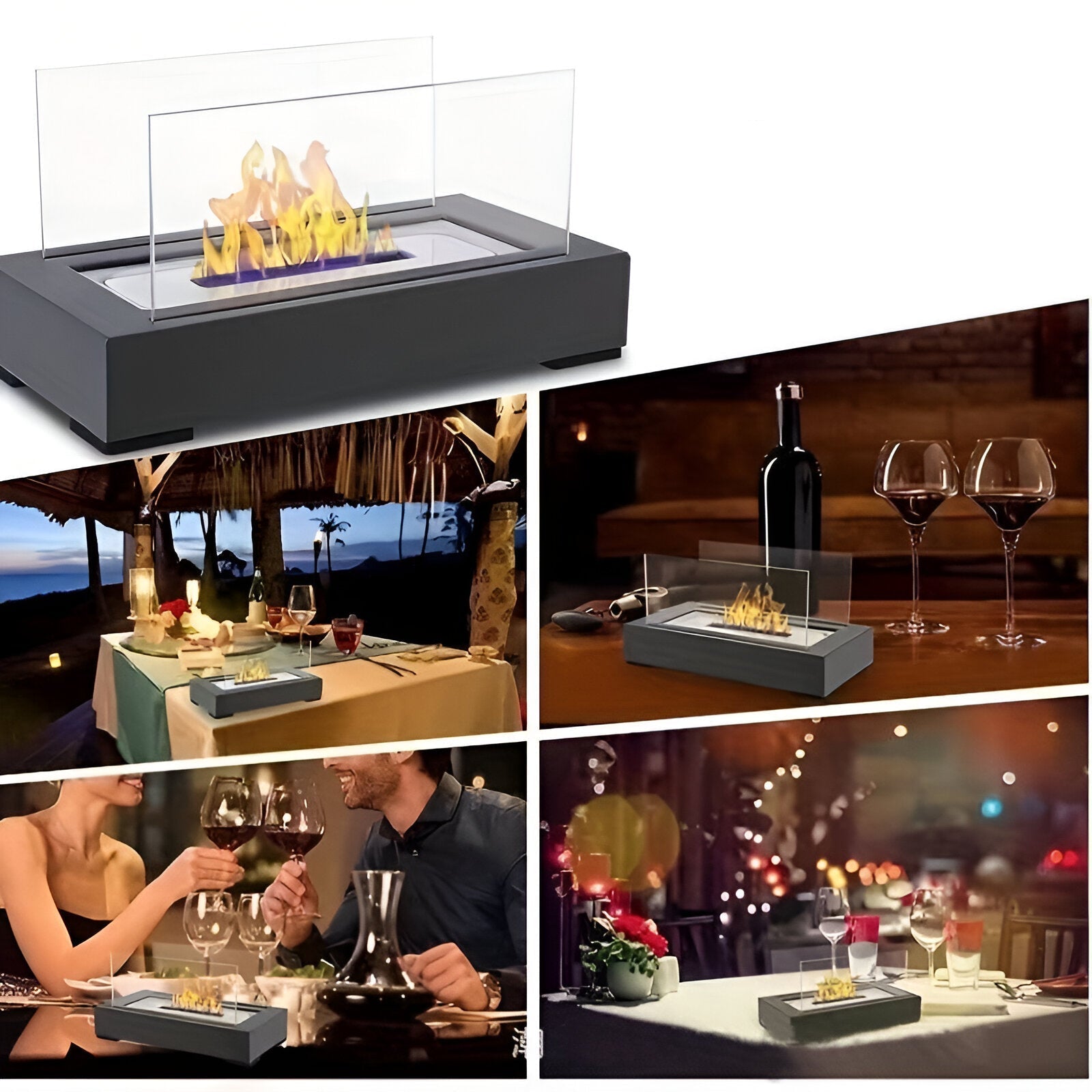Rectangular tabletop bio fireplace with glass panels