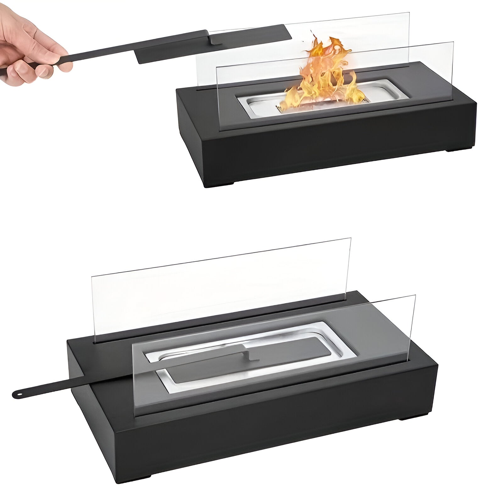 Rectangular tabletop bio fireplace with glass panels