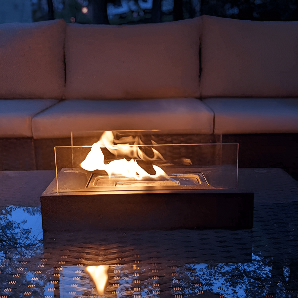 Rectangular tabletop bio fireplace with glass panels