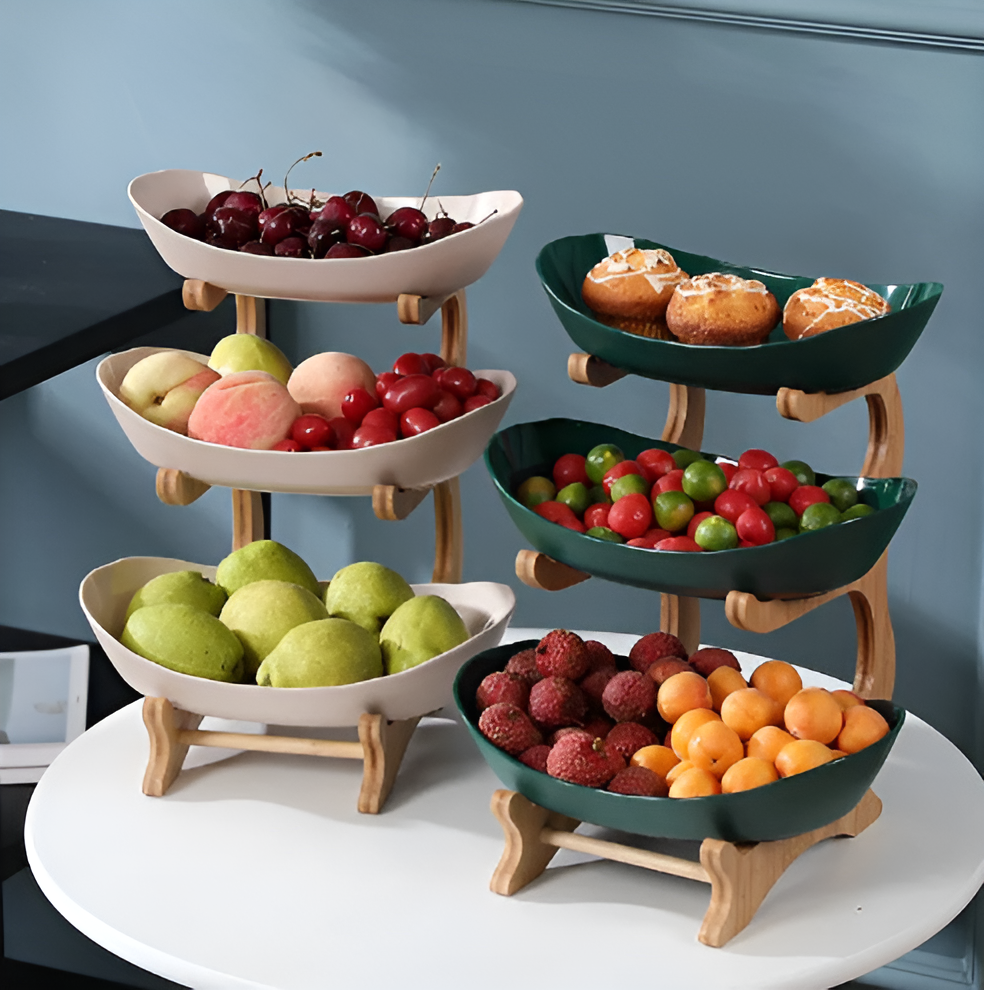 Fruit bowl with wooden stand, 2 or 3 tiers