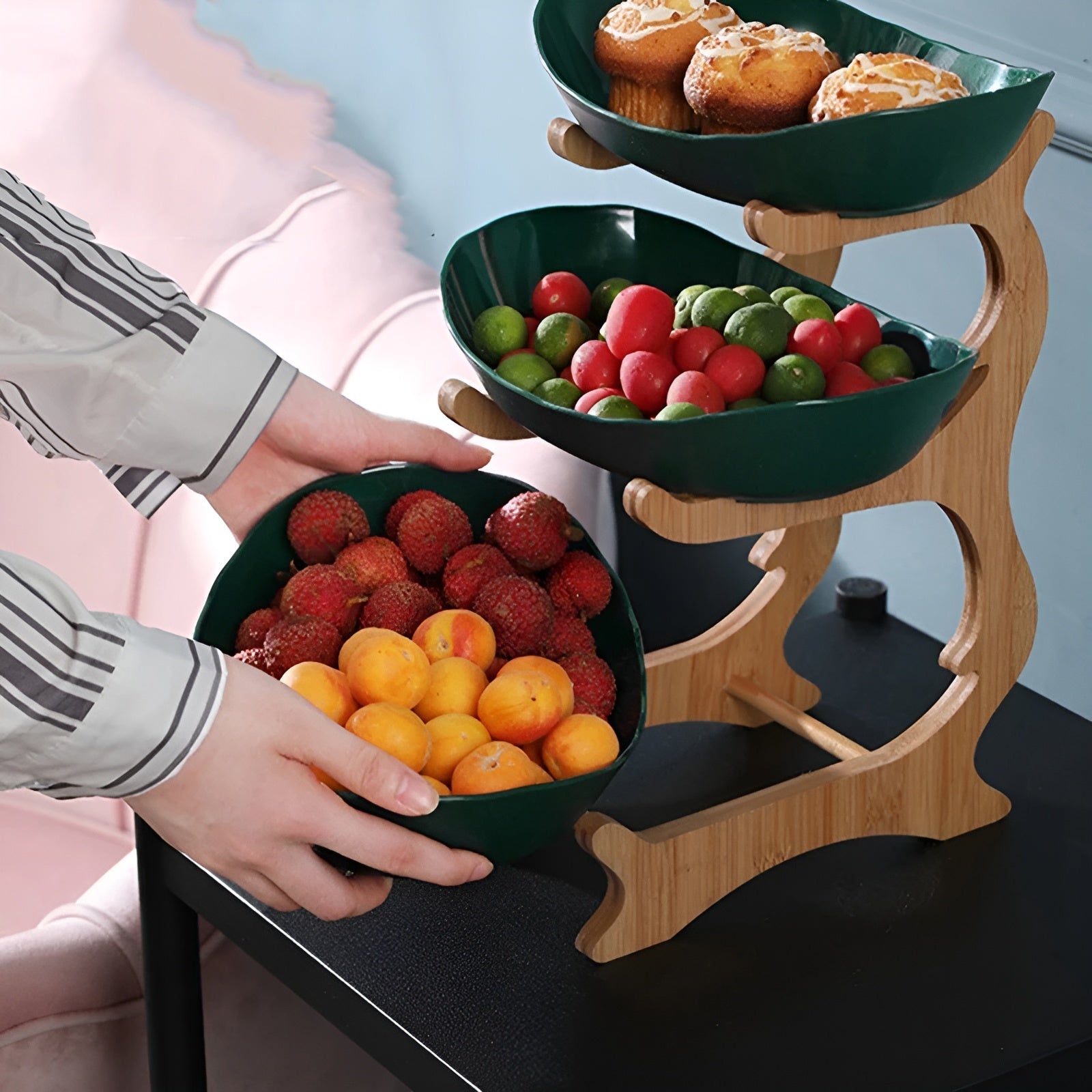 Fruit bowl with wooden stand, 2 or 3 tiers