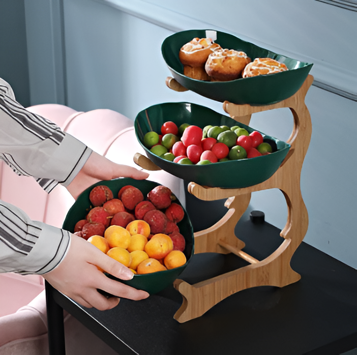 Fruit bowl with wooden stand, 2 or 3 tiers