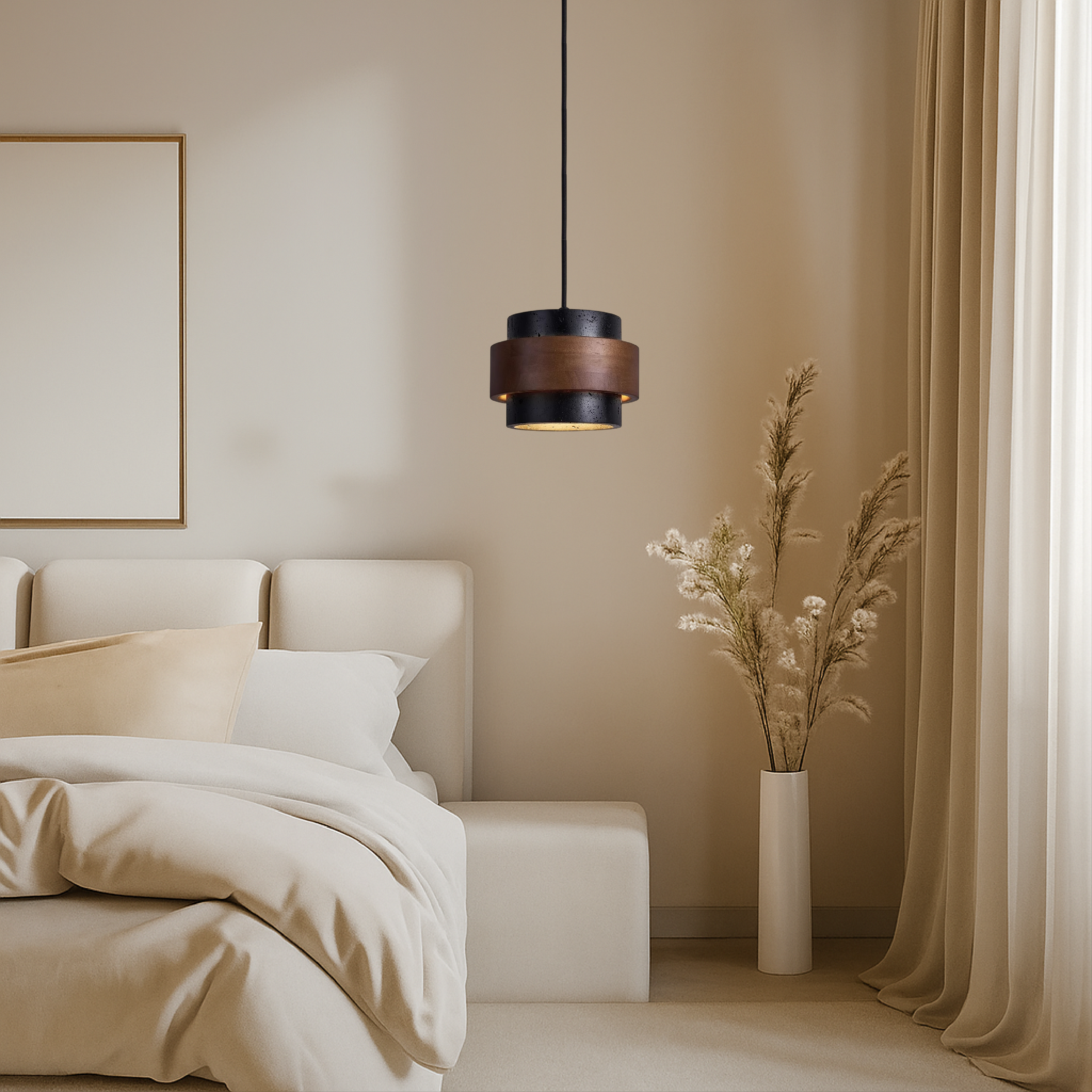 Minimalistyczna lampa wisząca z czarnego trawertynu