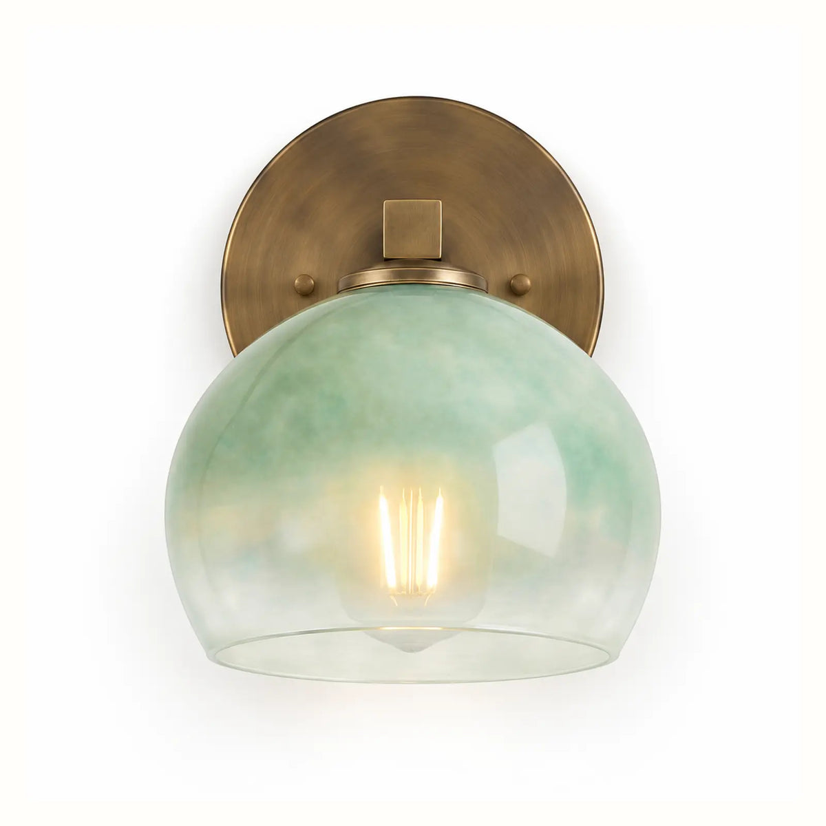 Colorful glass globe wall sconce with a metal frame in Japandi style