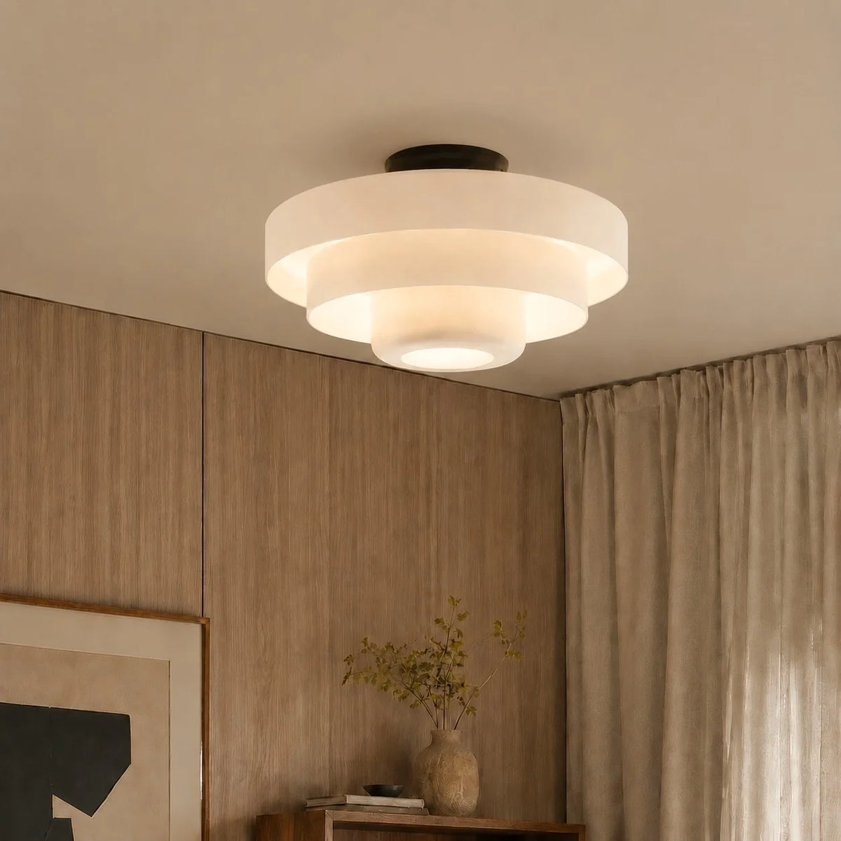 Okrągła lampa sufitowa Bauhaus do wnętrz Japandi