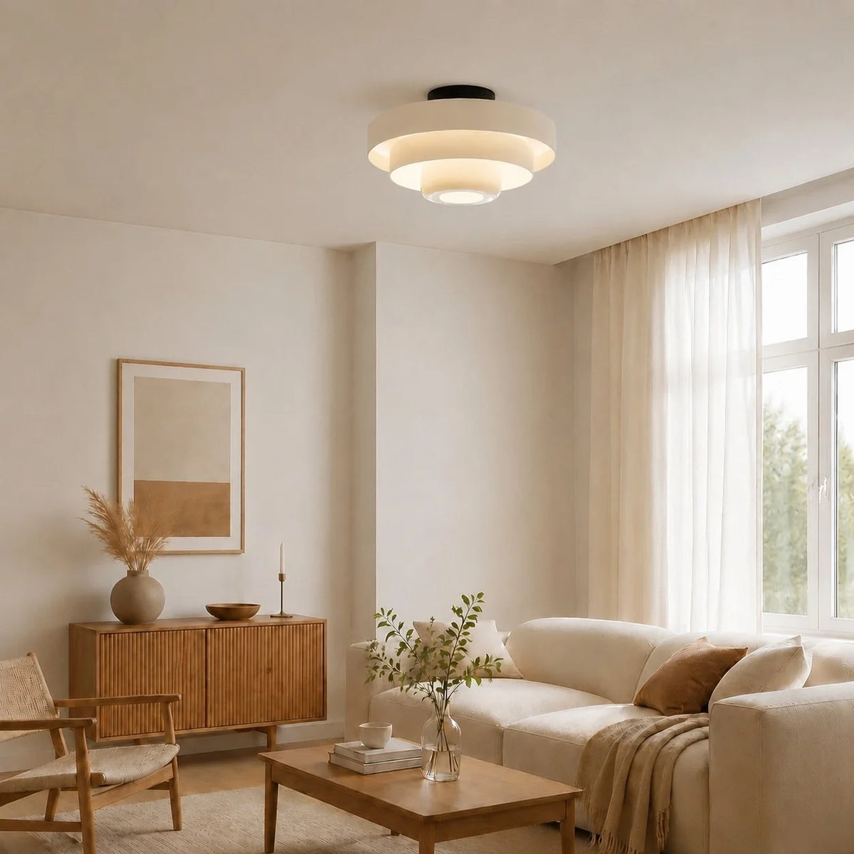 Okrągła lampa sufitowa Bauhaus do wnętrz Japandi