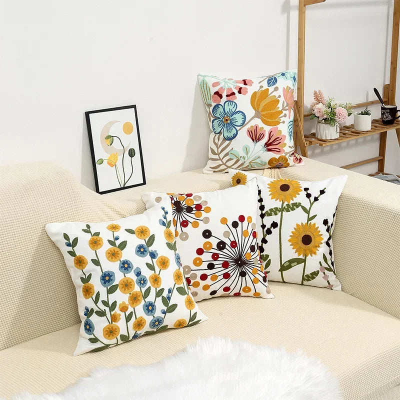 Square pillowcase with embroidered floral pattern