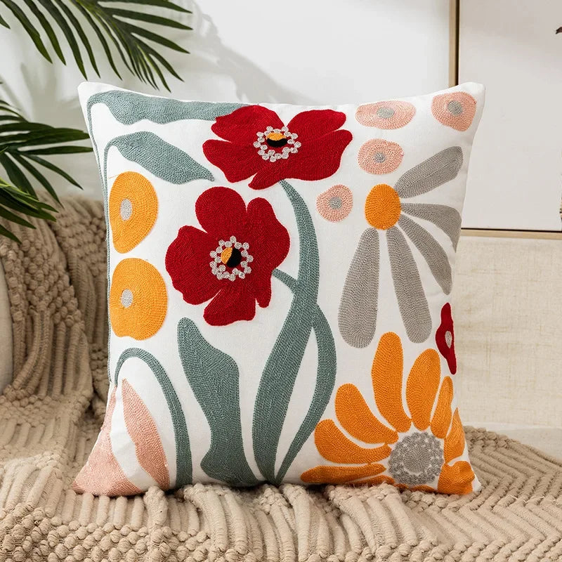 Square pillowcase with embroidered floral pattern