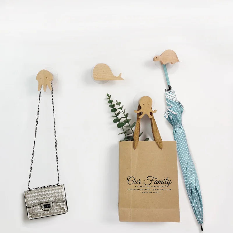 Wooden animal-shaped wall hook with adhesive base