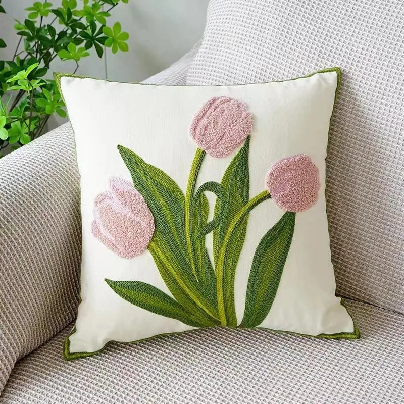 Square pillowcase with embroidered floral pattern