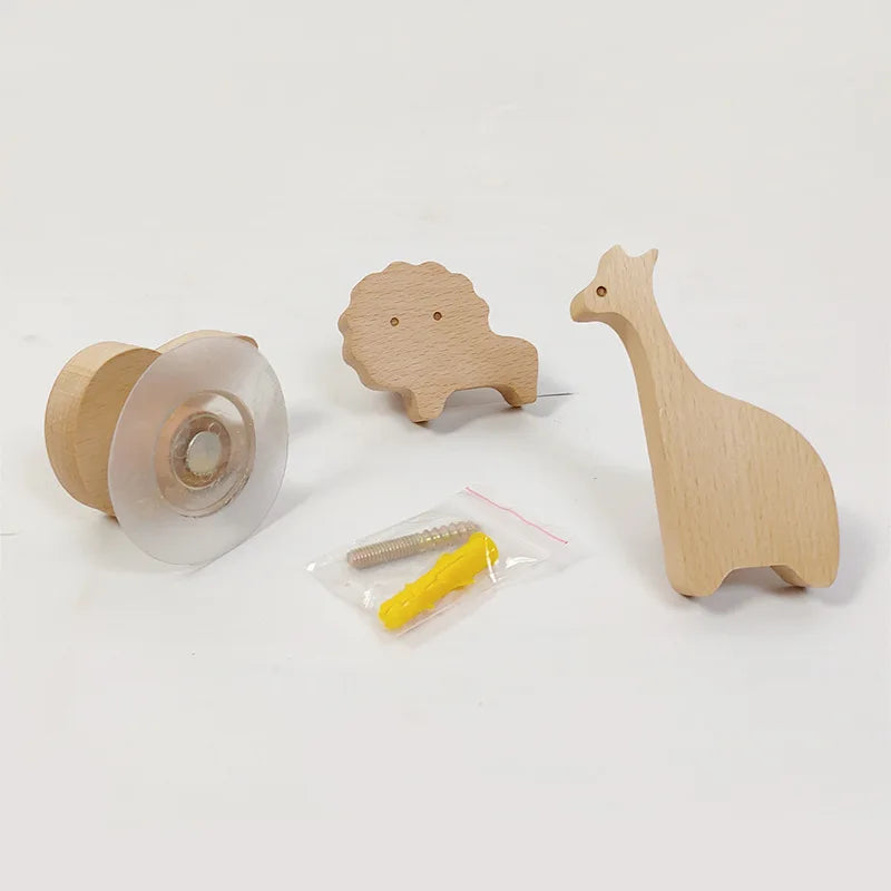 Wooden animal-shaped wall hook with adhesive base