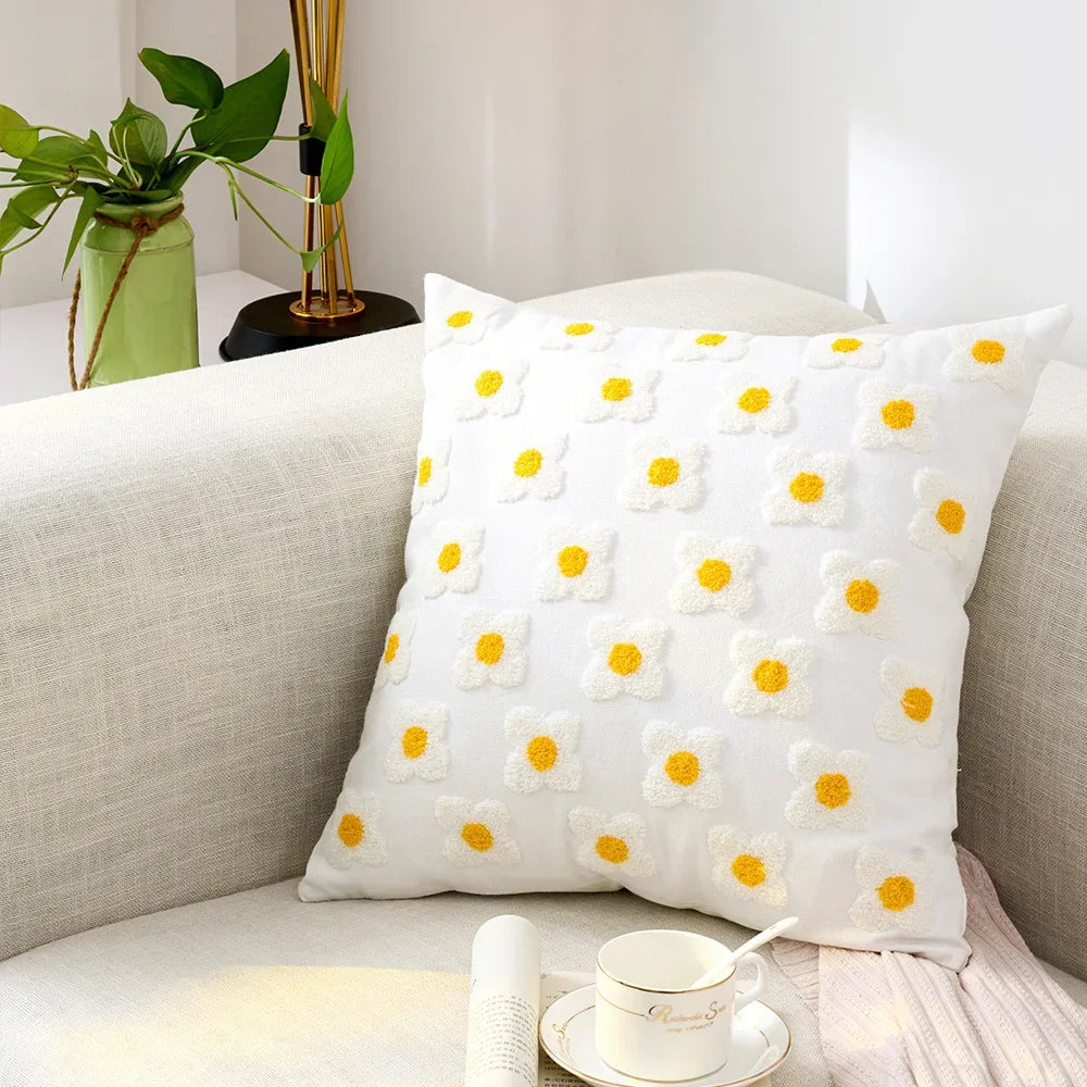 Square pillowcase with embroidered floral pattern
