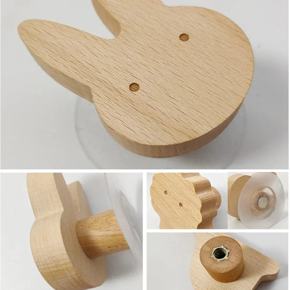 Wooden animal-shaped wall hook with adhesive base