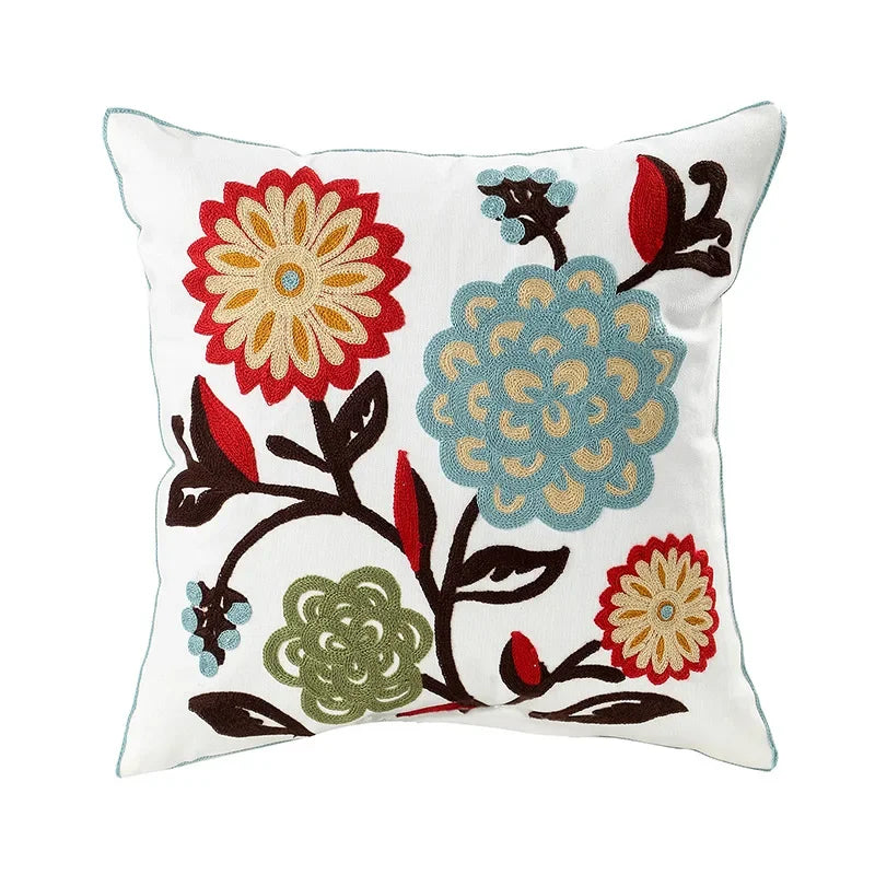 Square pillowcase with embroidered floral pattern
