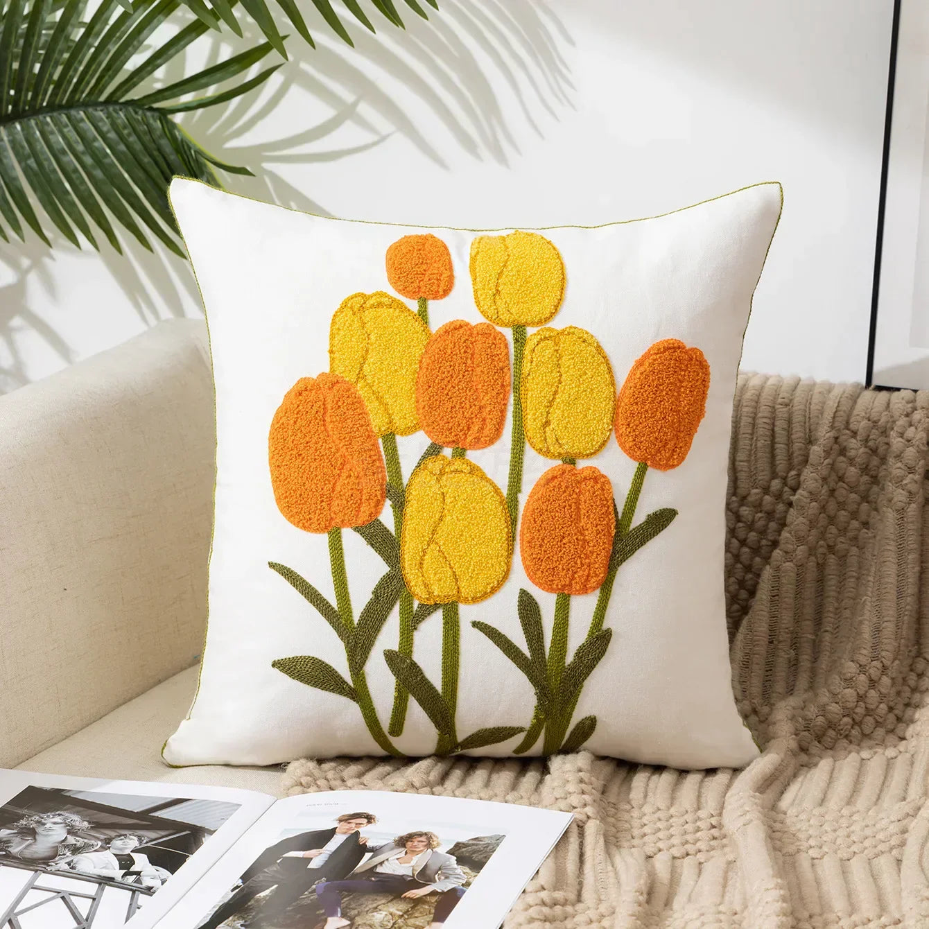 Square pillowcase with embroidered floral pattern