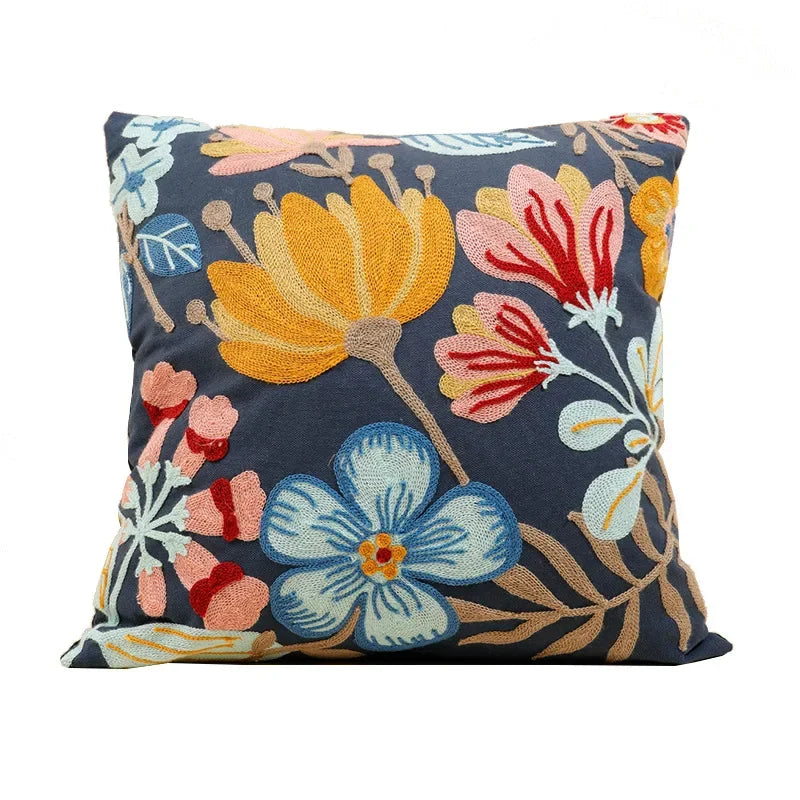 Square pillowcase with embroidered floral pattern