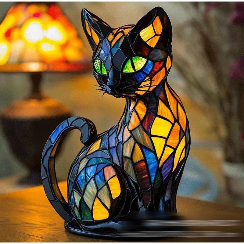 Lampa witrażowa w stylu retro w kształcie kota z wyglądu szkła