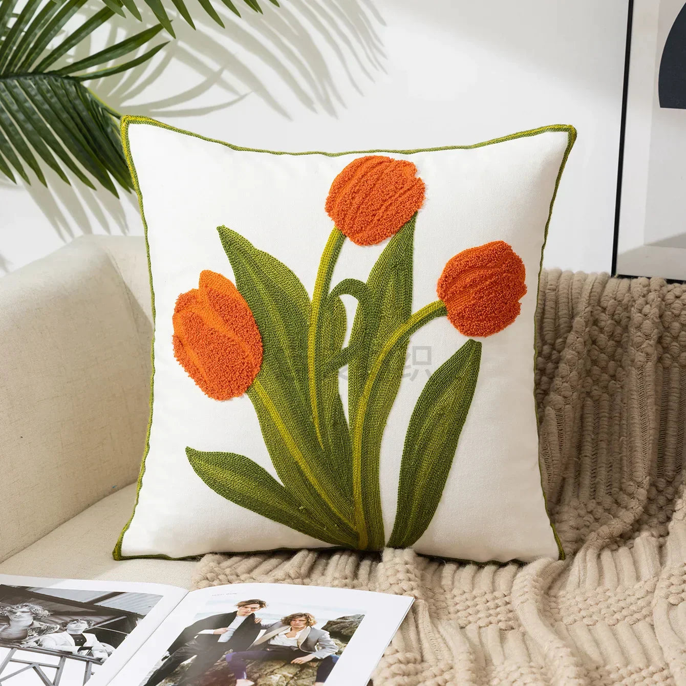 Square pillowcase with embroidered floral pattern