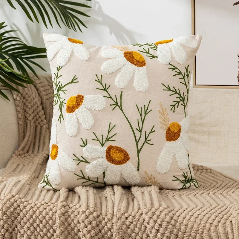 Square pillowcase with embroidered floral pattern