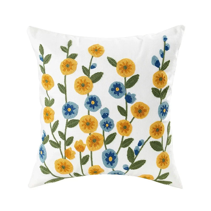 Square pillowcase with embroidered floral pattern