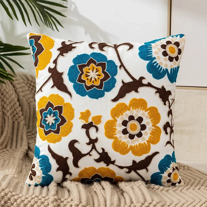Square pillowcase with embroidered floral pattern