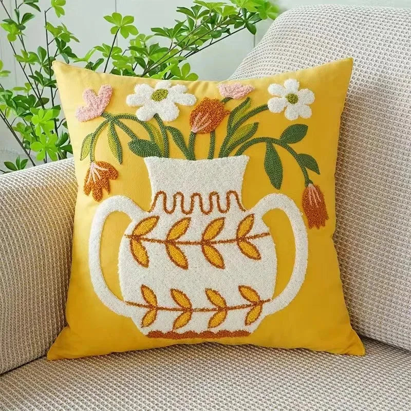 Square pillowcase with embroidered floral pattern