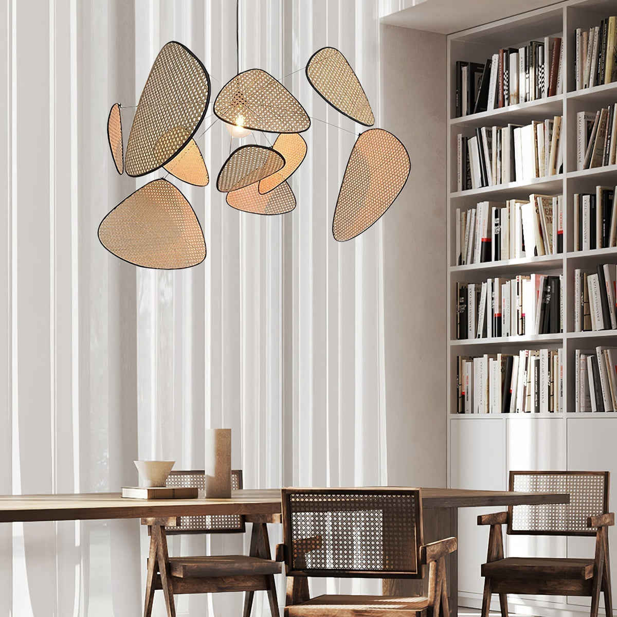 Retro bamboo lampshade for a chandelier with woven fabric