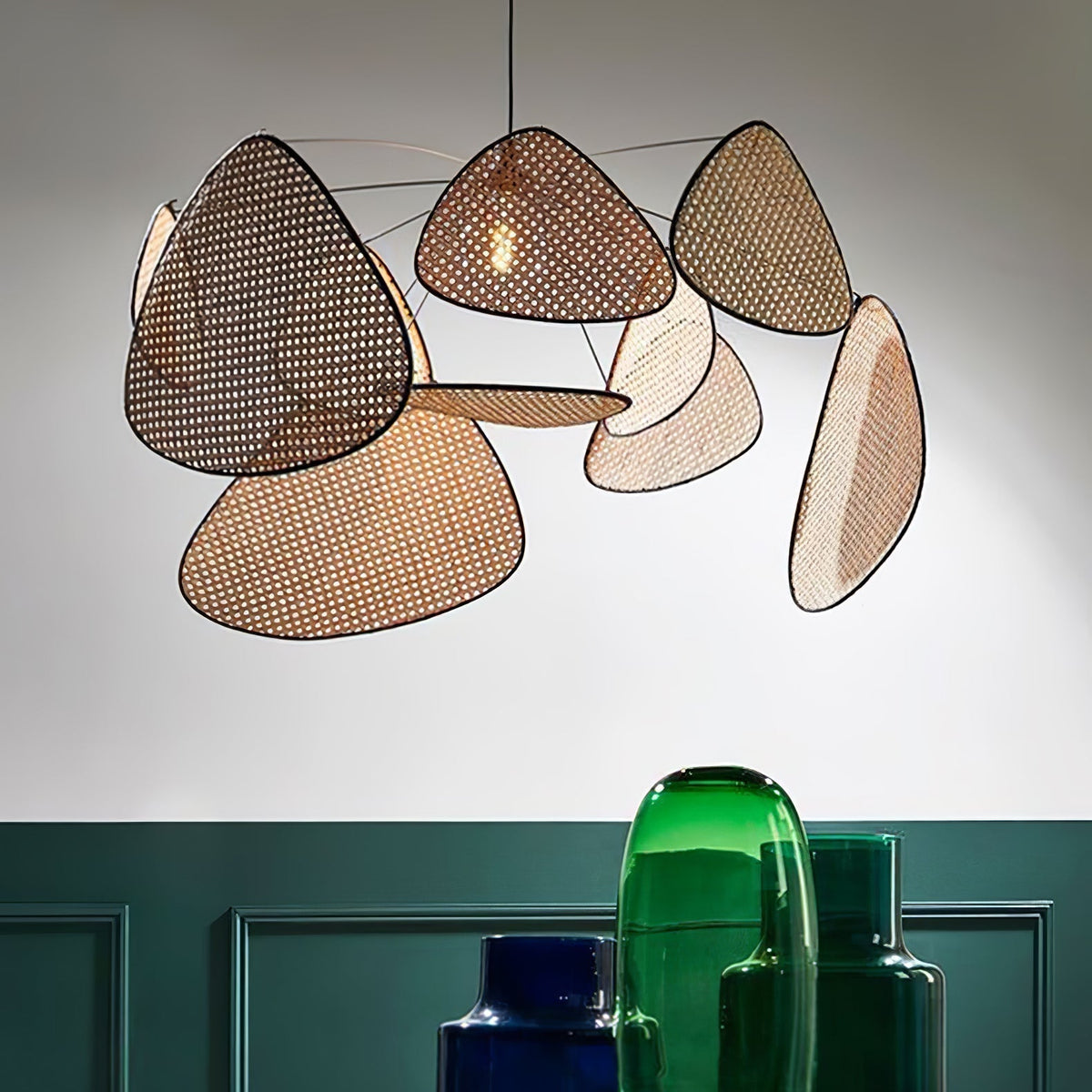 Retro bamboo lampshade for a chandelier with woven fabric