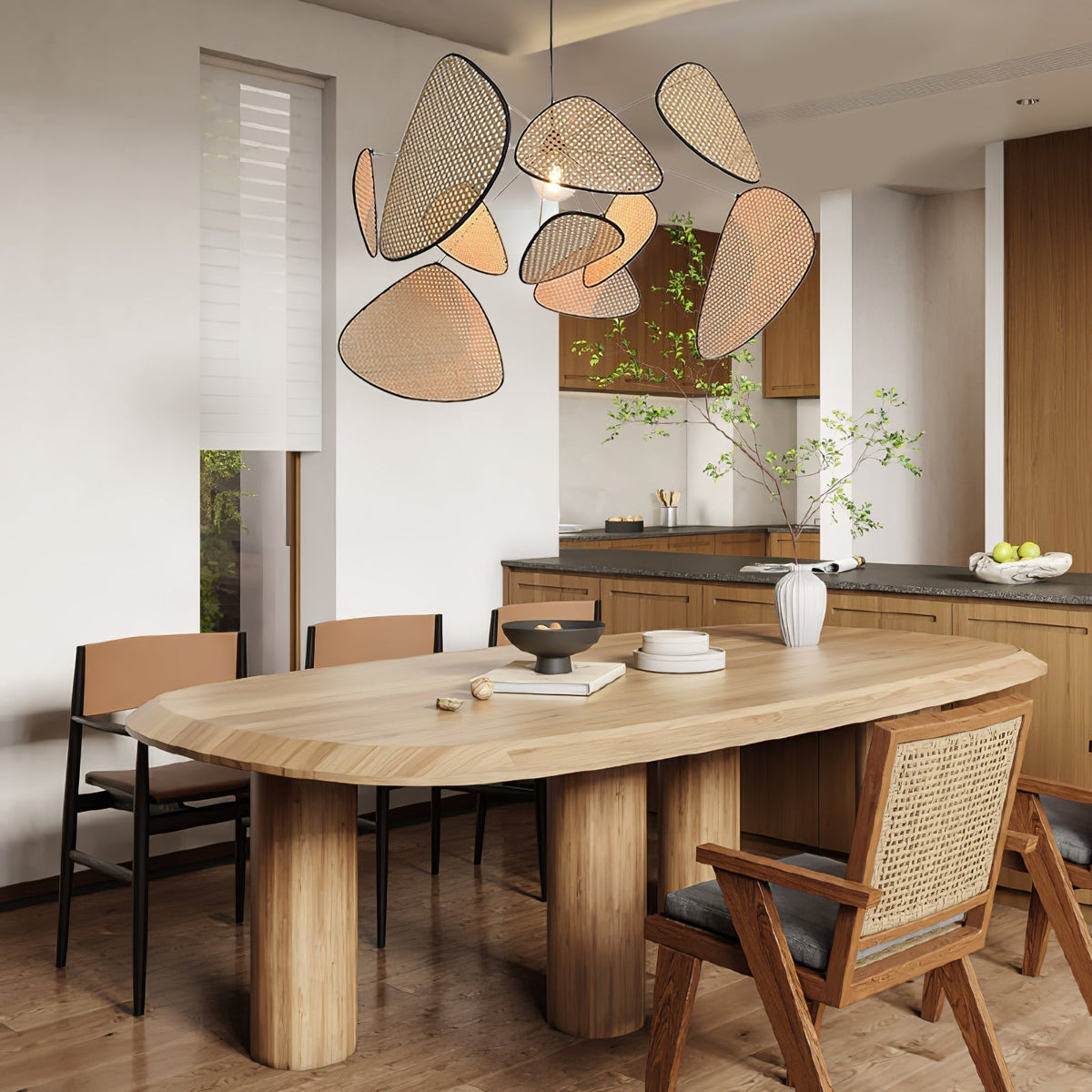 Retro bamboo lampshade for a chandelier with woven fabric
