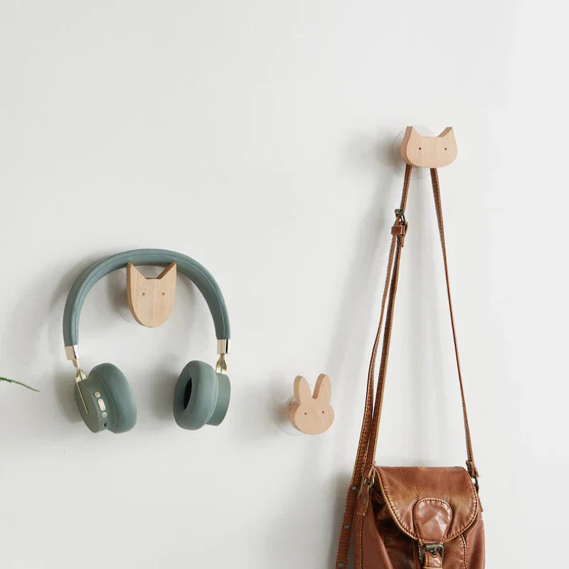 Wooden animal-shaped wall hook with adhesive base