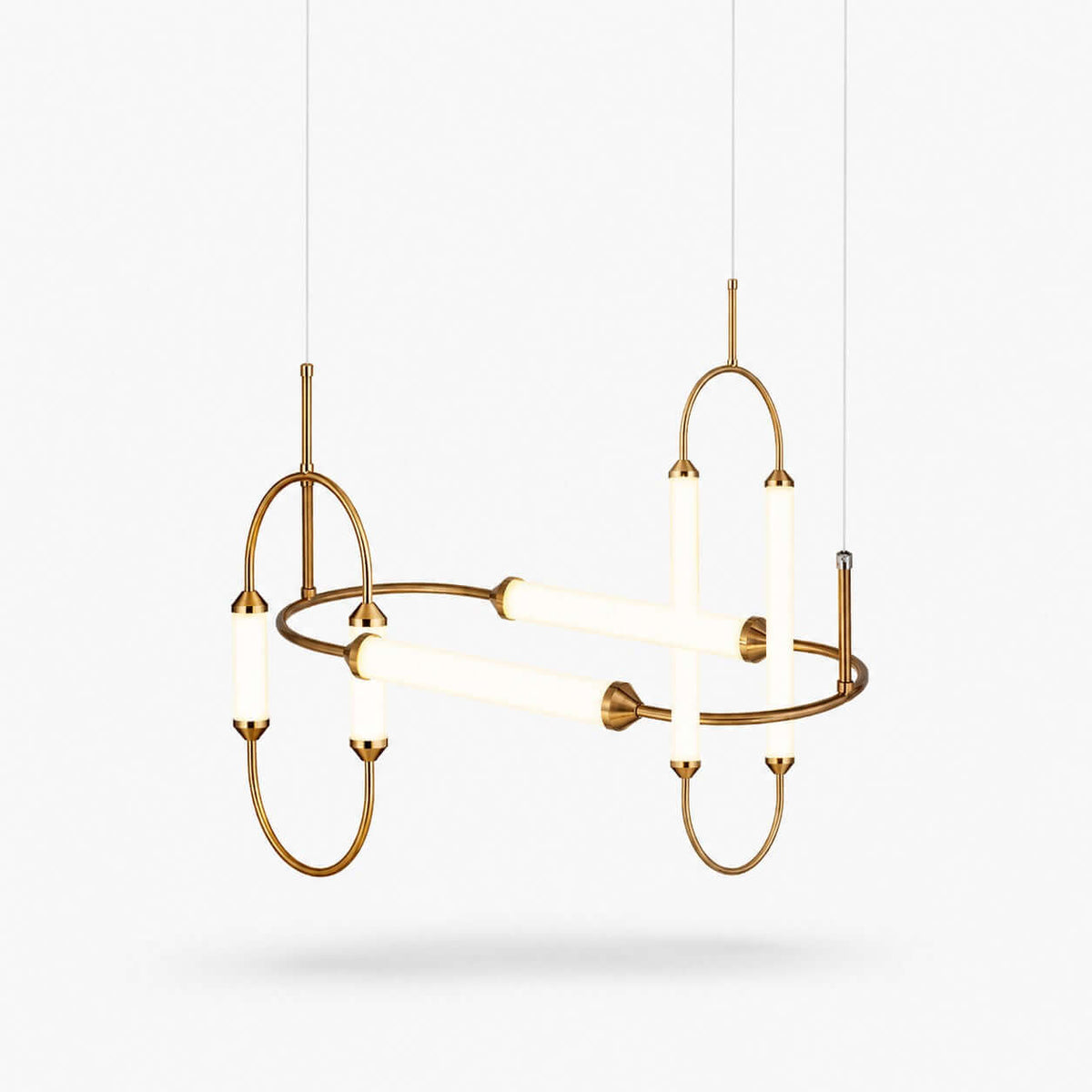 Owalna lampa sufitowa z metalową obręczą i cylindrycznymi kloszami