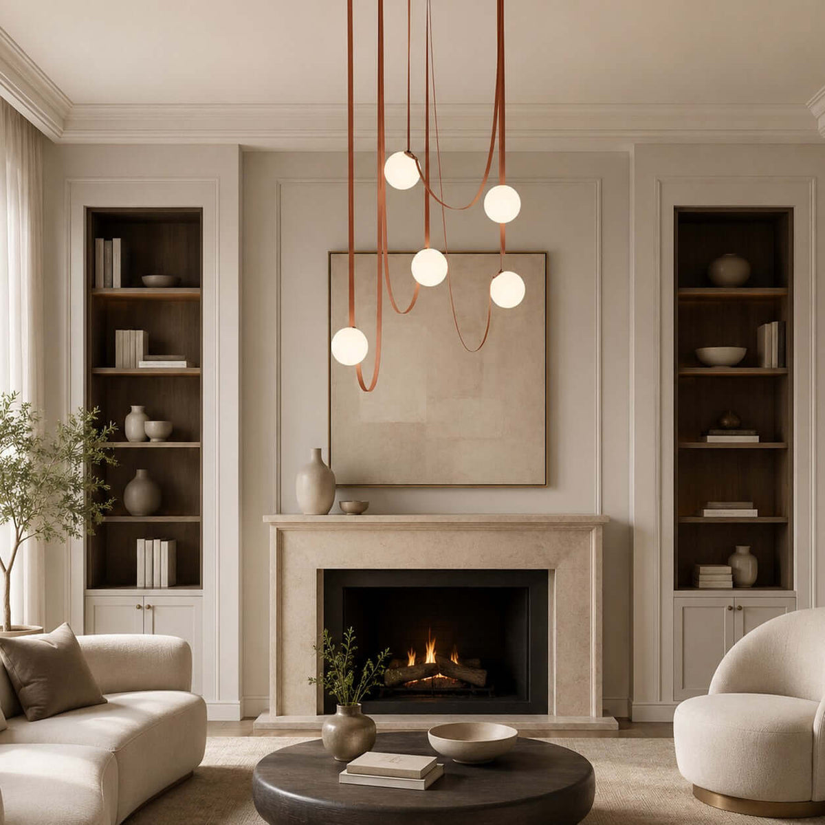 Modern ceiling light with an asymmetrical design and illuminated spheres