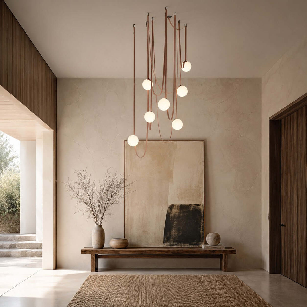 Modern ceiling light with an asymmetrical design and illuminated spheres