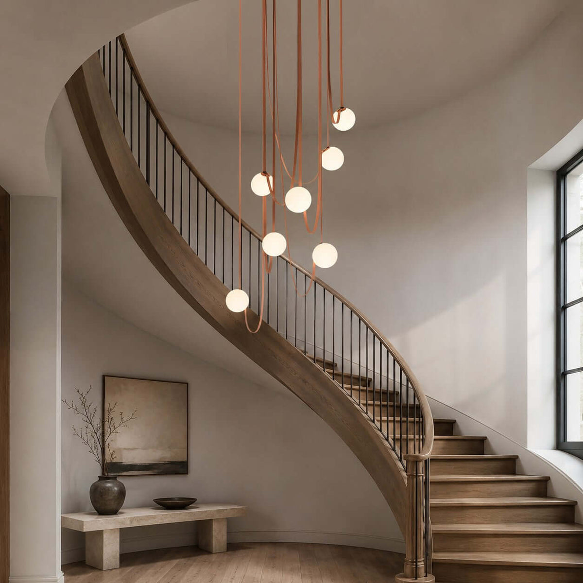 Modern ceiling light with an asymmetrical design and illuminated spheres